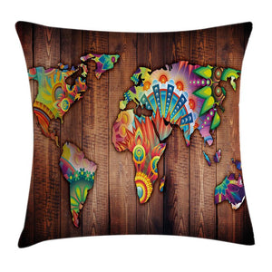 Boho Map on Wooden Rustic Plank Pillow Cover