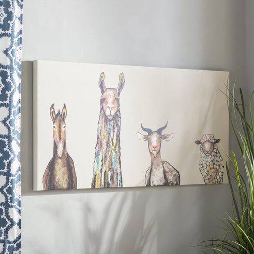 'Donkey, Llama, Goat, Sheep' Acrylic Painting Print on Canvas in Cream