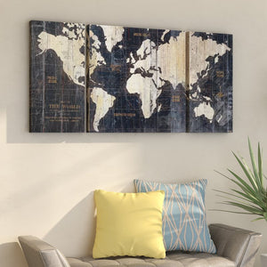 'Old World Map Blue' 3 Piece Graphic Art Print Set on Wrapped Canvas
