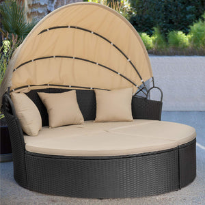 Lacoo Outdoor Patio Round Daybed with Retractable Canopy Wicker Furniture Sectional Seating with Washable Cushions for Patio Backyard Porch Pool Daybed Separated Seating (Beige)