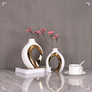 Orenm White Gold Hollow Ceramic Vase Set of 2 Minimalist Modern Home Decor Abstract Round Vase Bookshelf Decor Centerpiece for Home Table (White+Gold)