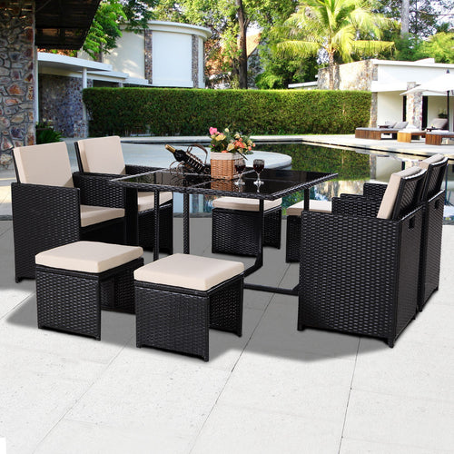Giantex 9 PCS Black Patio Garden Rattan Wicker Sofa Set Modern Outdoor Furniture Set Cushioned with Ottoman Chairs HW52375+