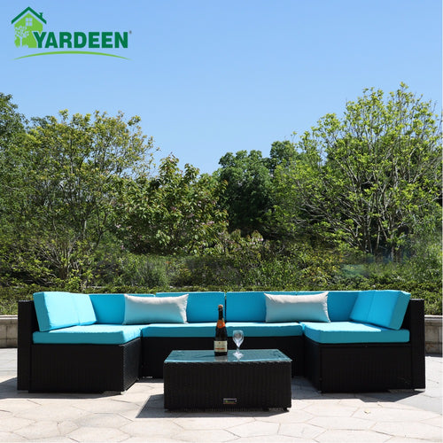 Yardeen 7 Pieces Patio PE Rattan Garden Sofa Set Backyard Furniture Kit Indoor and Outdoor With 2 Bolster Pillows and Tea Table