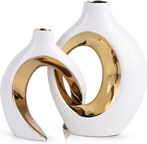 Orenm White Gold Hollow Ceramic Vase Set of 2 Minimalist Modern Home Decor Abstract Round Vase Bookshelf Decor Centerpiece for Home Table (White+Gold)